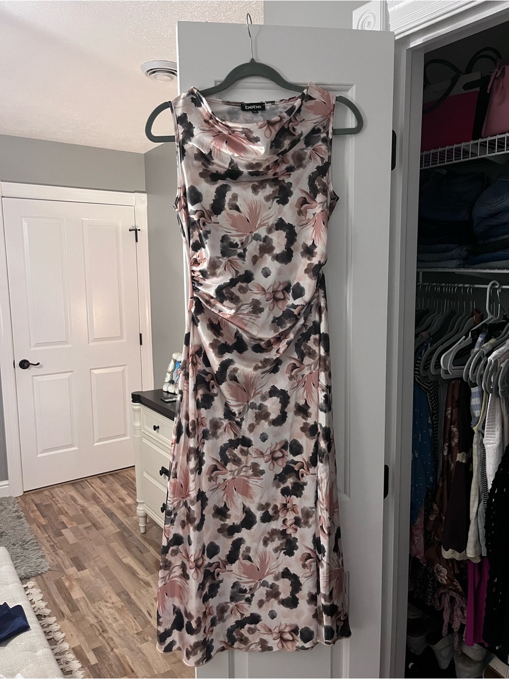 bebe Satin Cowl Neck Midi Dress in Blush and Black